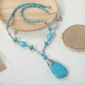 Bohemian Turquoise Beaded Stone Pendant Necklace